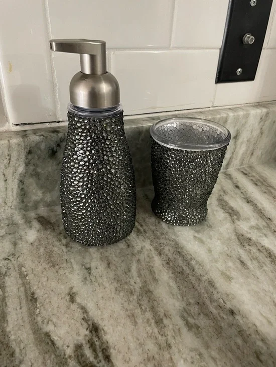 🥇 Ébène Noir Atelier™️  bling élégante foam soap dispenser & mouthwash tumbler - Picture 10 of 15